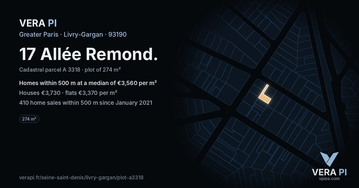 17 Allée Remond, Livry-Gargan at night – the plot lit, the parcels around coloured by the prices near them
