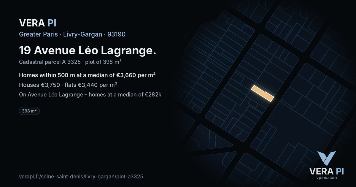 19 Avenue Léo Lagrange, Livry-Gargan at night – the plot lit, the parcels around coloured by the prices near them
