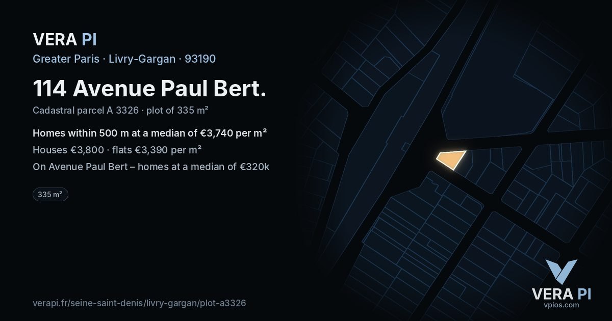 114 Avenue Paul Bert, Livry-Gargan at night – the plot lit, the parcels around coloured by the prices near them