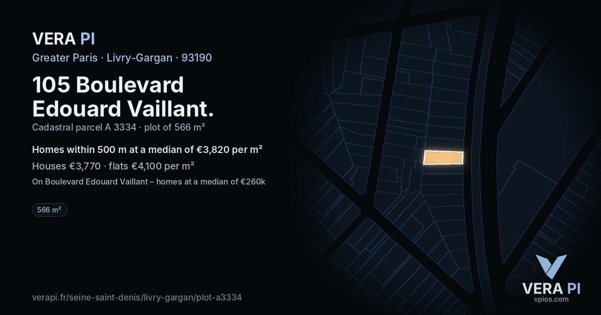 105 Boulevard Edouard Vaillant, Livry-Gargan at night – the plot lit, the parcels around coloured by the prices near them