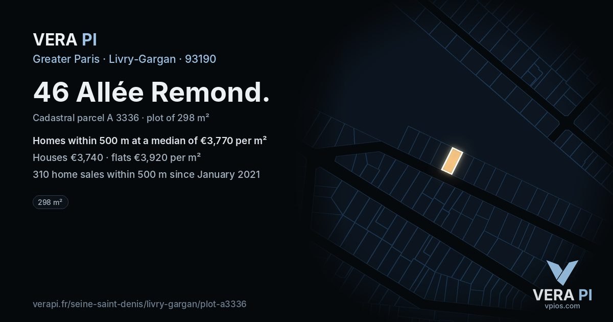 46 Allée Remond, Livry-Gargan at night – the plot lit, the parcels around coloured by the prices near them