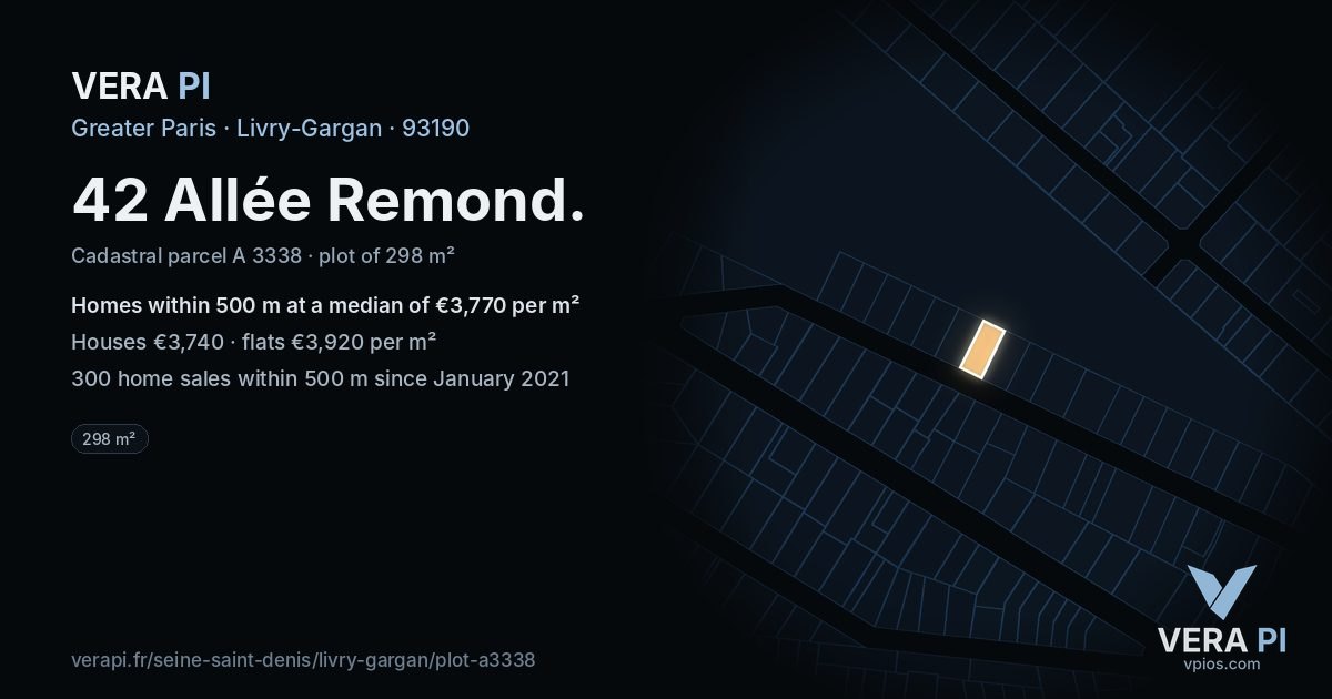 42 Allée Remond, Livry-Gargan at night – the plot lit, the parcels around coloured by the prices near them