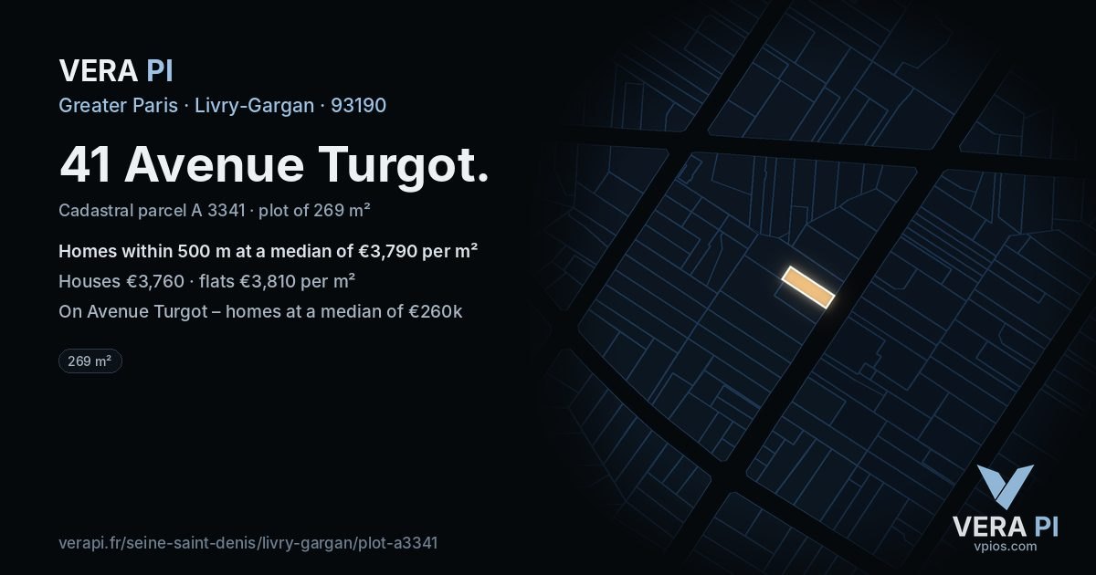 41 Avenue Turgot, Livry-Gargan at night – the plot lit, the parcels around coloured by the prices near them