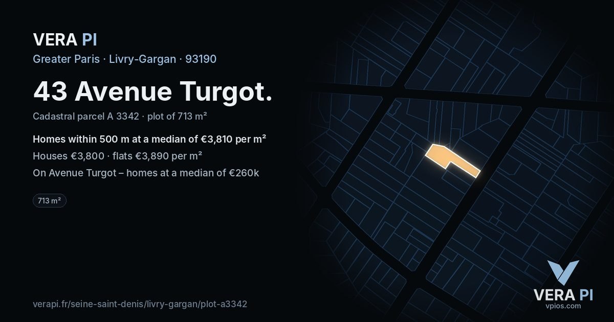 43 Avenue Turgot, Livry-Gargan at night – the plot lit, the parcels around coloured by the prices near them