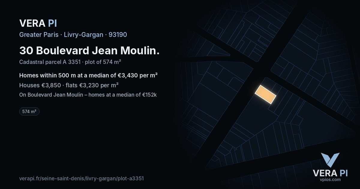 30 Boulevard Jean Moulin, Livry-Gargan at night – the plot lit, the parcels around coloured by the prices near them