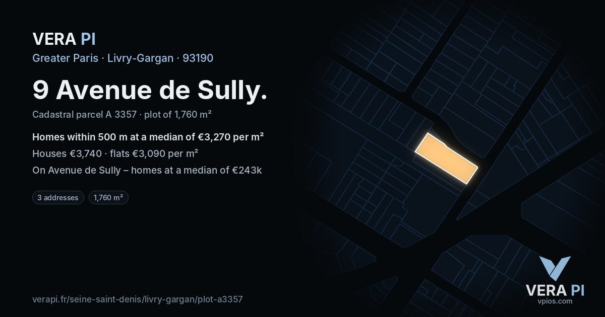 9 Avenue de Sully, Livry-Gargan at night – the plot lit, the parcels around coloured by the prices near them