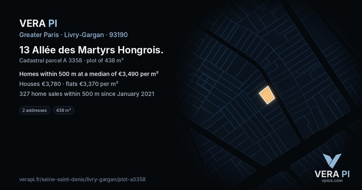 13 Allée des Martyrs Hongrois, Livry-Gargan at night – the plot lit, the parcels around coloured by the prices near them