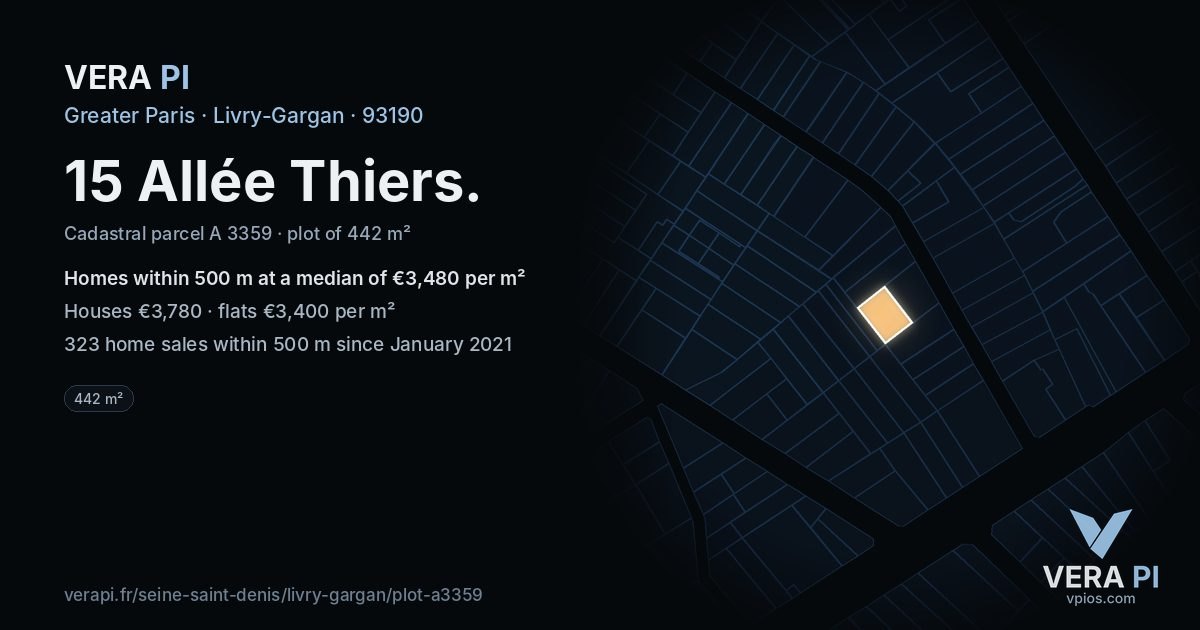 15 Allée Thiers, Livry-Gargan at night – the plot lit, the parcels around coloured by the prices near them