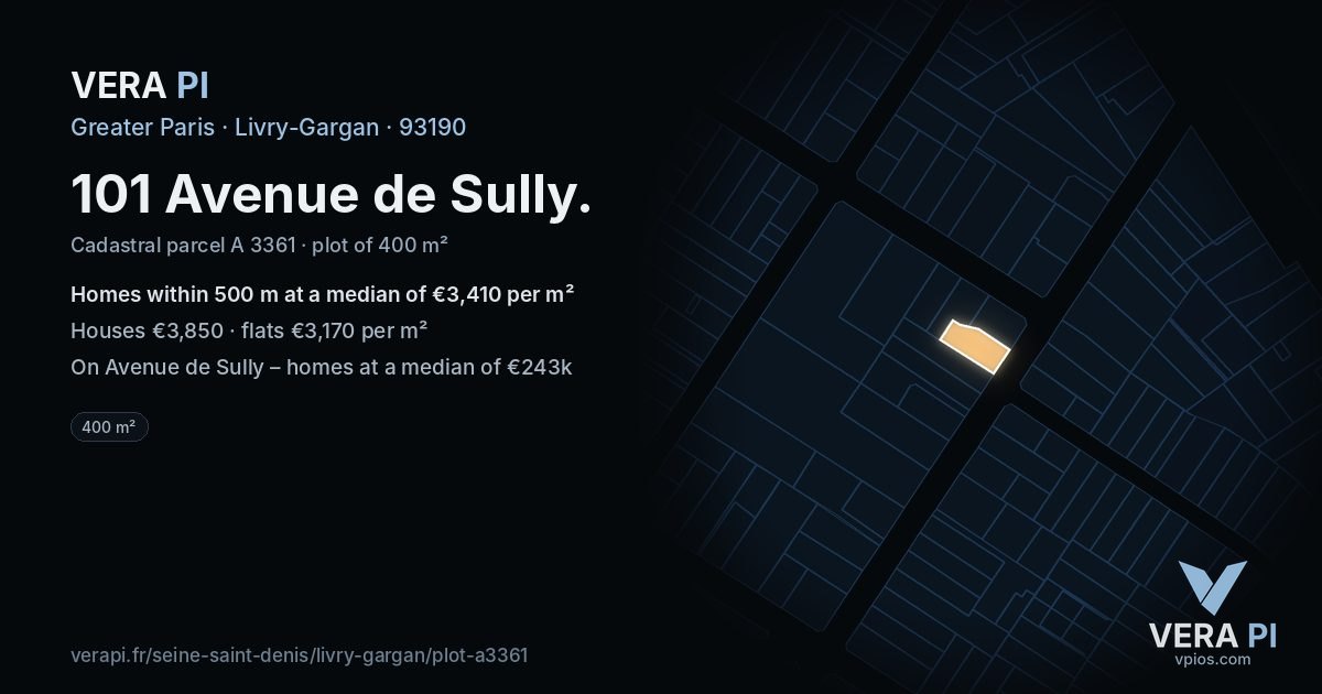 101 Avenue de Sully, Livry-Gargan at night – the plot lit, the parcels around coloured by the prices near them