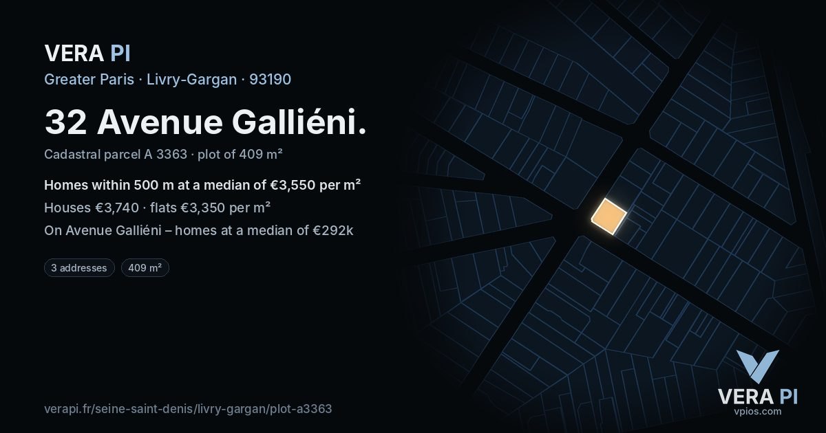 32 Avenue Galliéni, Livry-Gargan at night – the plot lit, the parcels around coloured by the prices near them