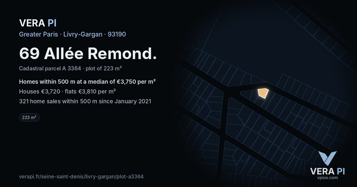 69 Allée Remond, Livry-Gargan at night – the plot lit, the parcels around coloured by the prices near them