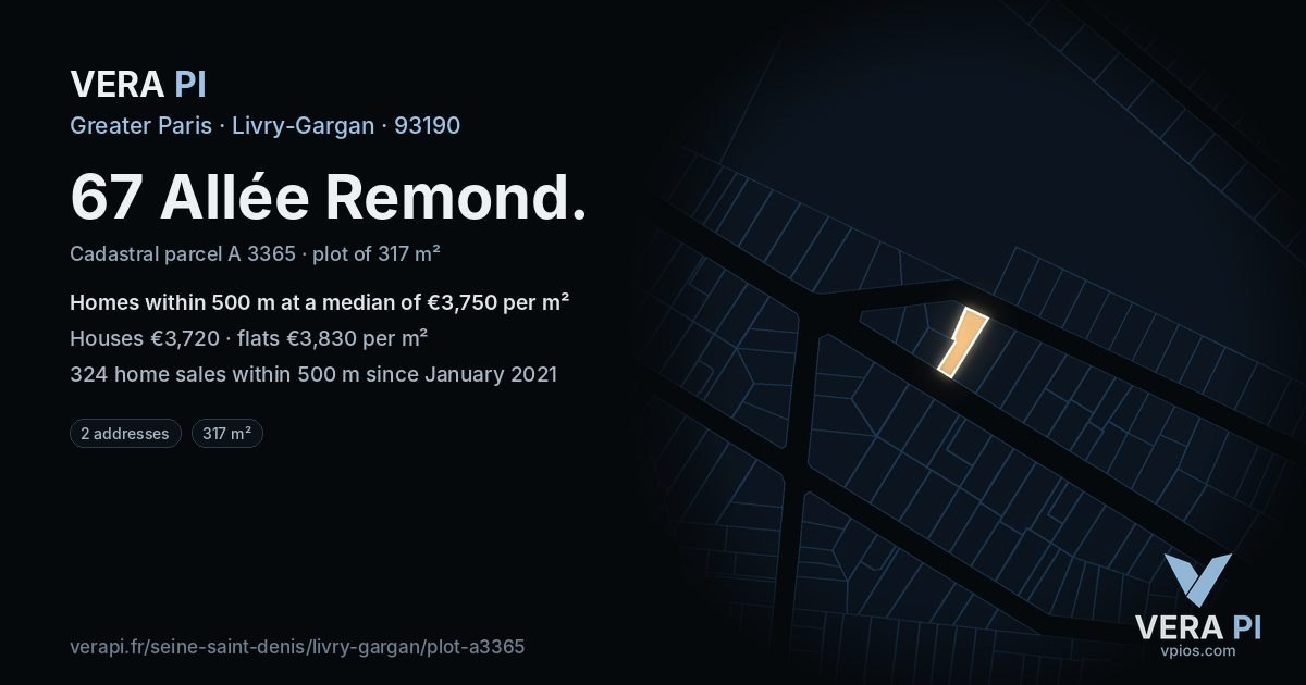 67 Allée Remond, Livry-Gargan at night – the plot lit, the parcels around coloured by the prices near them
