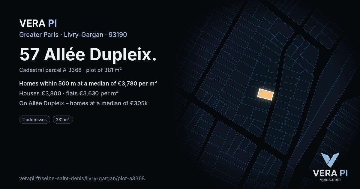57 Allée Dupleix, Livry-Gargan at night – the plot lit, the parcels around coloured by the prices near them