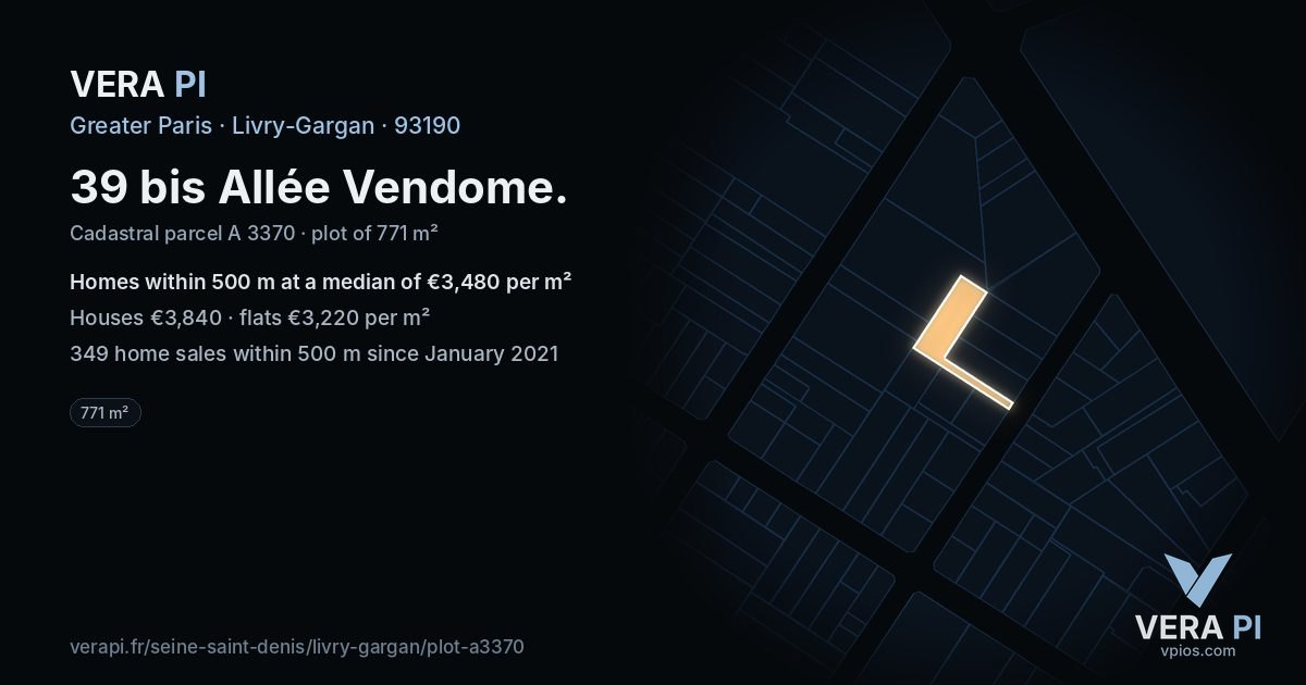 39 bis Allée Vendome, Livry-Gargan at night – the plot lit, the parcels around coloured by the prices near them