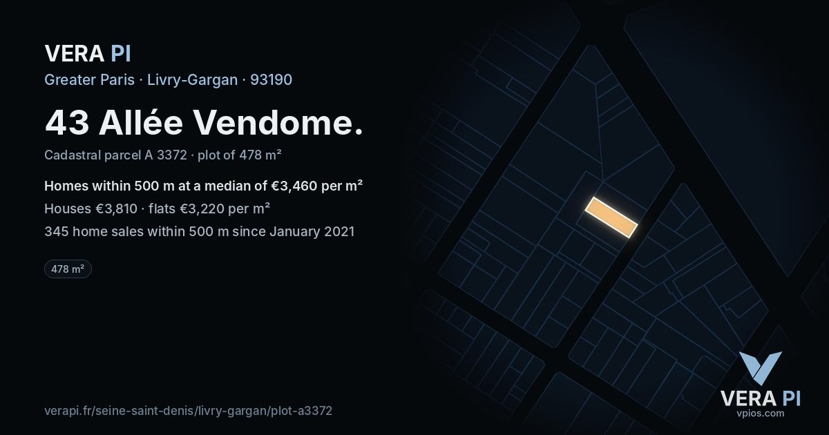 43 Allée Vendome, Livry-Gargan at night – the plot lit, the parcels around coloured by the prices near them