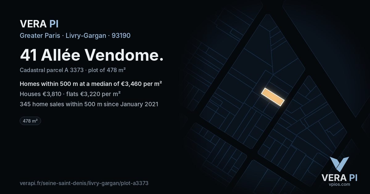 41 Allée Vendome, Livry-Gargan at night – the plot lit, the parcels around coloured by the prices near them