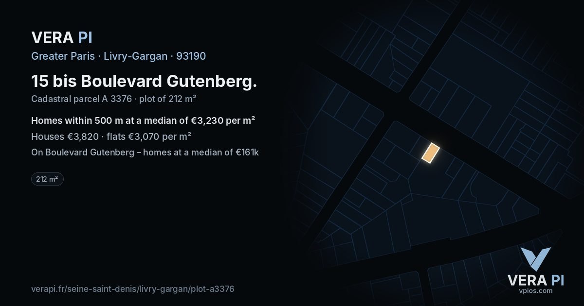 15 bis Boulevard Gutenberg, Livry-Gargan at night – the plot lit, the parcels around coloured by the prices near them