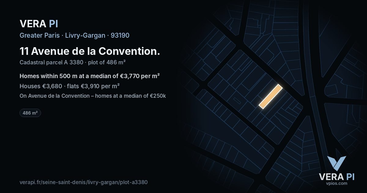 11 Avenue de la Convention, Livry-Gargan at night – the plot lit, the parcels around coloured by the prices near them