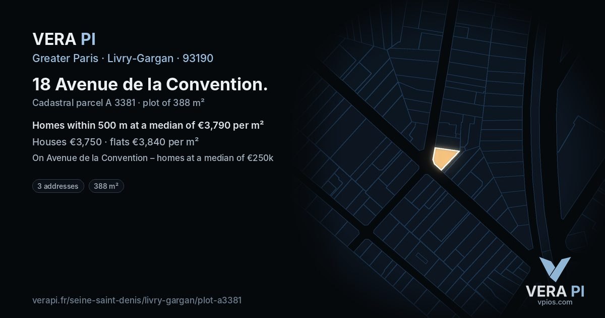 18 Avenue de la Convention, Livry-Gargan at night – the plot lit, the parcels around coloured by the prices near them