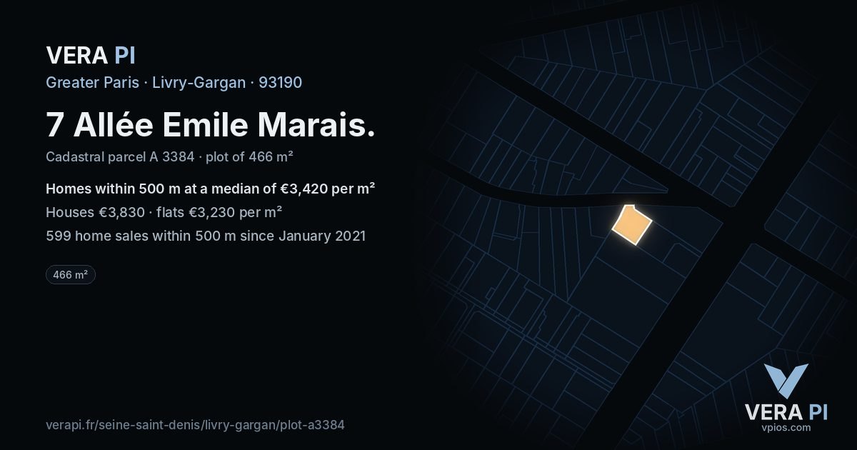 7 Allée Emile Marais, Livry-Gargan at night – the plot lit, the parcels around coloured by the prices near them