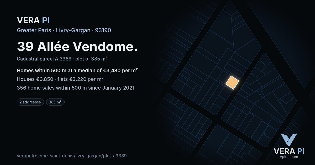 39 Allée Vendome, Livry-Gargan at night – the plot lit, the parcels around coloured by the prices near them
