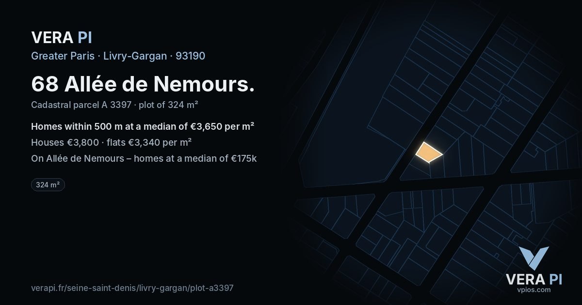 68 Allée de Nemours, Livry-Gargan at night – the plot lit, the parcels around coloured by the prices near them