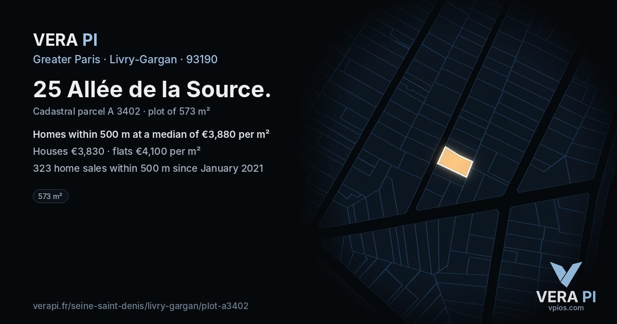 25 Allée de la Source, Livry-Gargan at night – the plot lit, the parcels around coloured by the prices near them