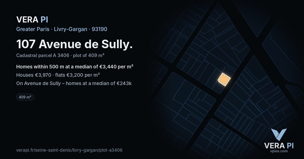 107 Avenue de Sully, Livry-Gargan at night – the plot lit, the parcels around coloured by the prices near them