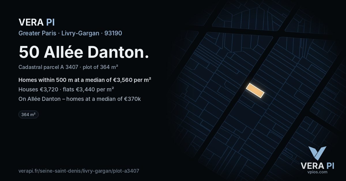 50 Allée Danton, Livry-Gargan at night – the plot lit, the parcels around coloured by the prices near them