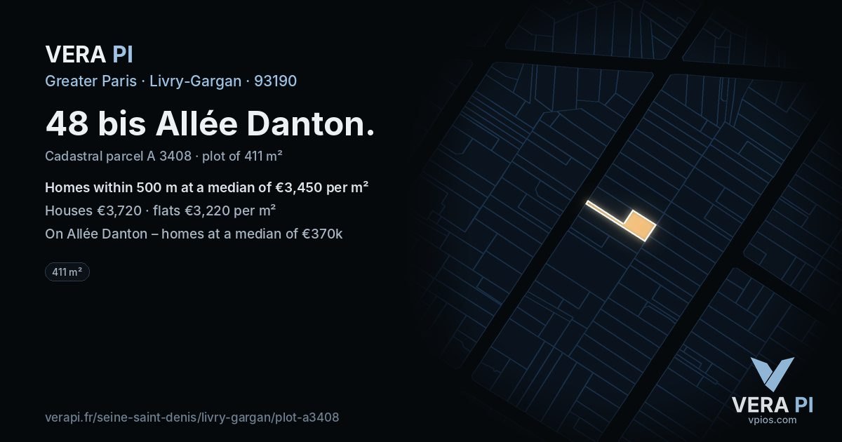 48 bis Allée Danton, Livry-Gargan at night – the plot lit, the parcels around coloured by the prices near them
