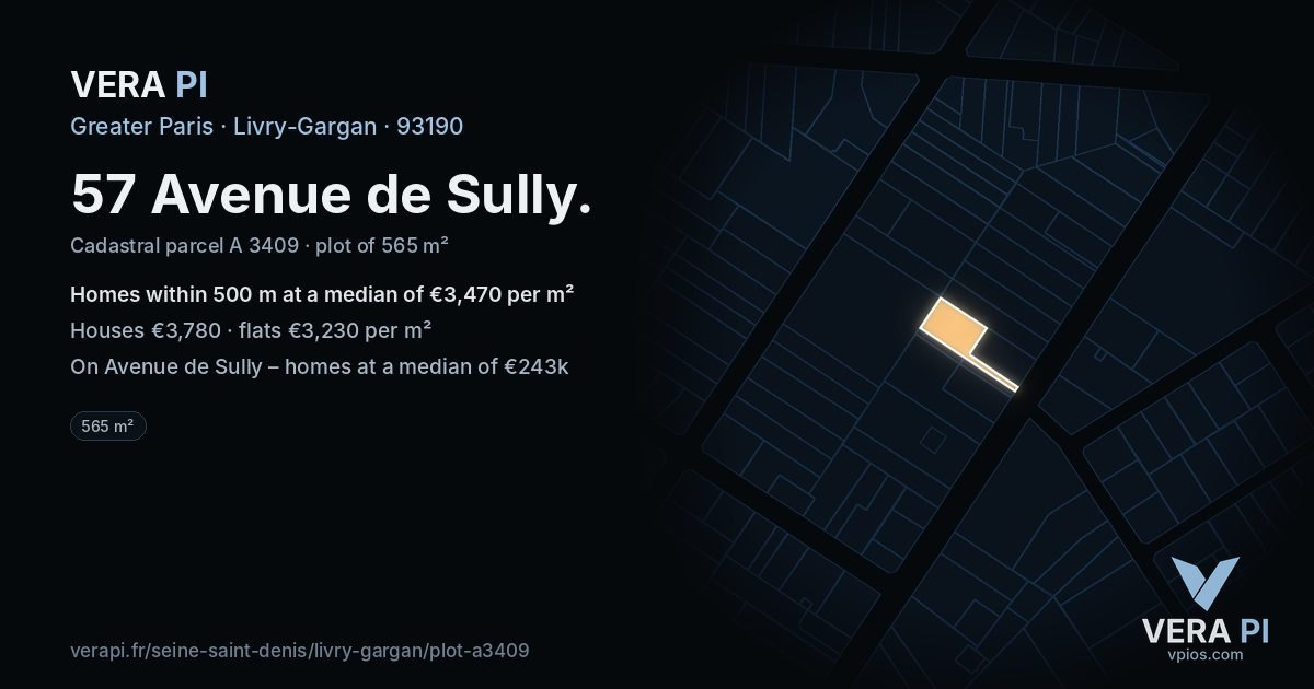 57 Avenue de Sully, Livry-Gargan at night – the plot lit, the parcels around coloured by the prices near them