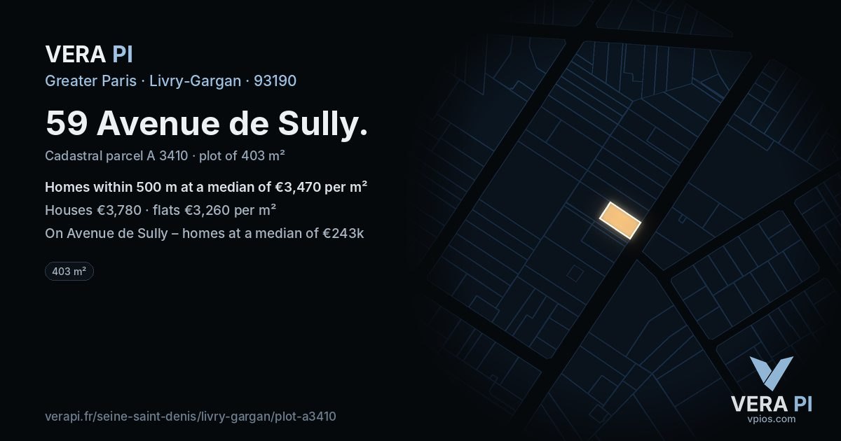 59 Avenue de Sully, Livry-Gargan at night – the plot lit, the parcels around coloured by the prices near them