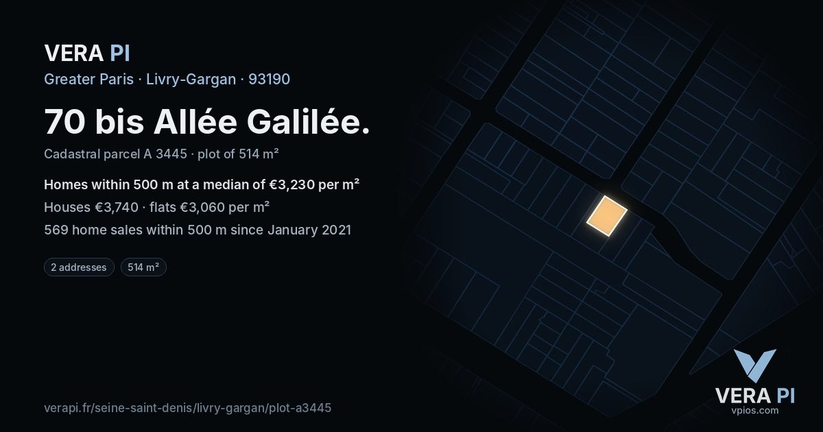 70 bis Allée Galilée, Livry-Gargan at night – the plot lit, the parcels around coloured by the prices near them