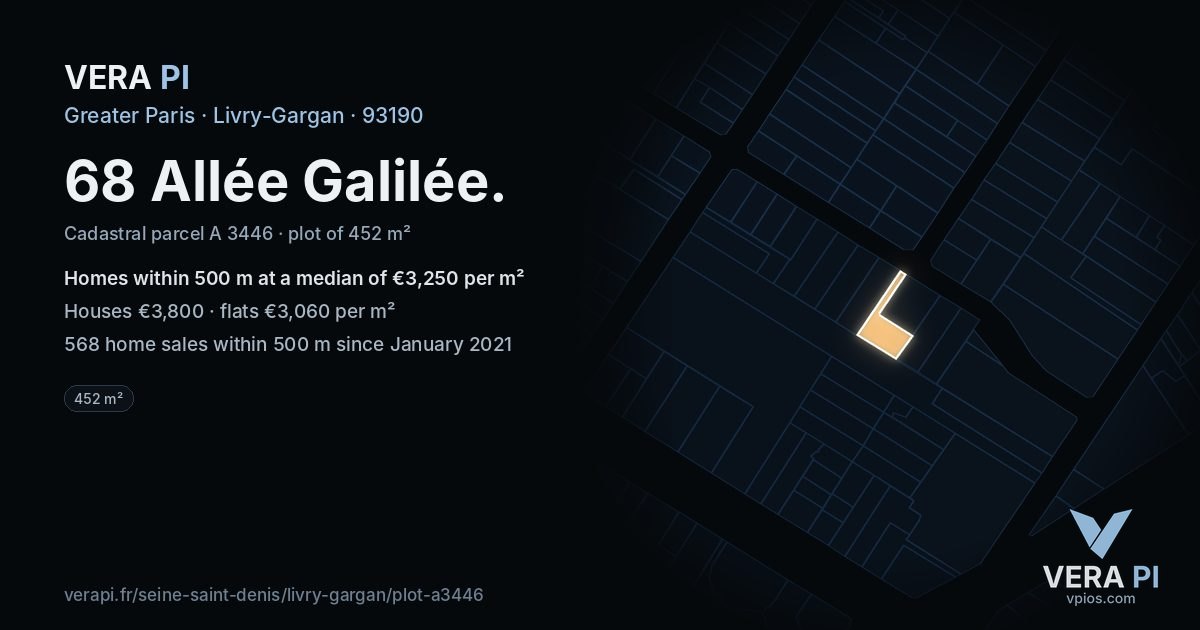 68 Allée Galilée, Livry-Gargan at night – the plot lit, the parcels around coloured by the prices near them