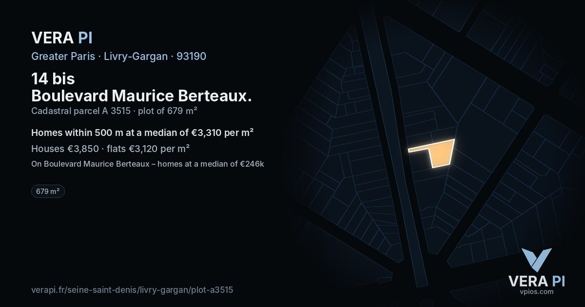 14 bis Boulevard Maurice Berteaux, Livry-Gargan at night – the plot lit, the parcels around coloured by the prices near them
