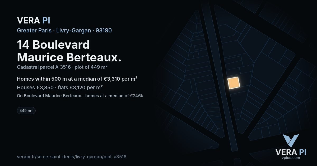 14 Boulevard Maurice Berteaux, Livry-Gargan at night – the plot lit, the parcels around coloured by the prices near them
