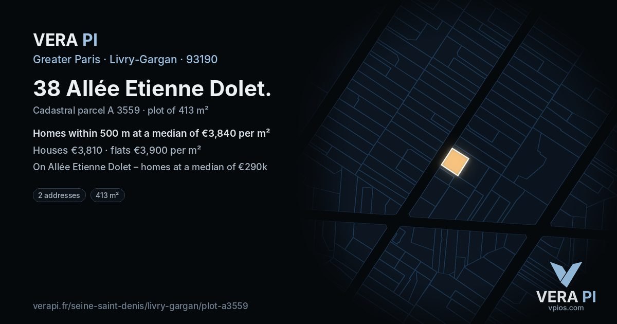 38 Allée Etienne Dolet, Livry-Gargan at night – the plot lit, the parcels around coloured by the prices near them