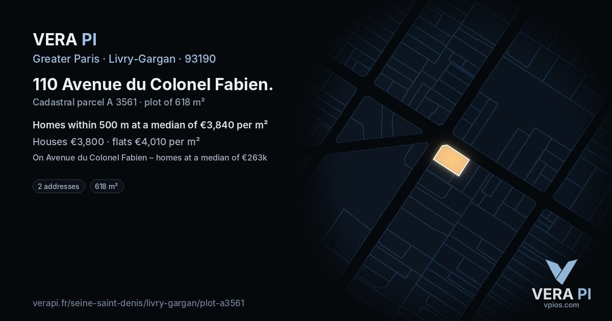 110 Avenue du Colonel Fabien, Livry-Gargan at night – the plot lit, the parcels around coloured by the prices near them