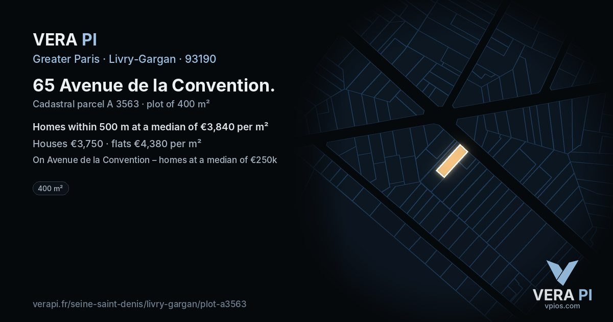 65 Avenue de la Convention, Livry-Gargan at night – the plot lit, the parcels around coloured by the prices near them