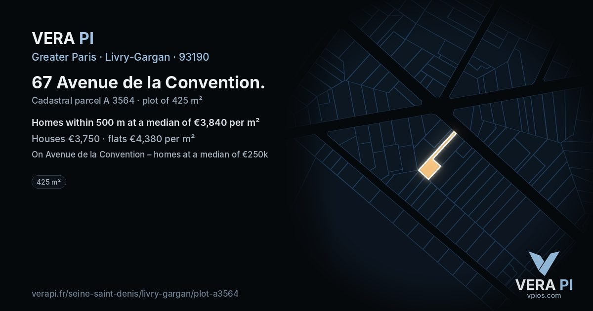 67 Avenue de la Convention, Livry-Gargan at night – the plot lit, the parcels around coloured by the prices near them