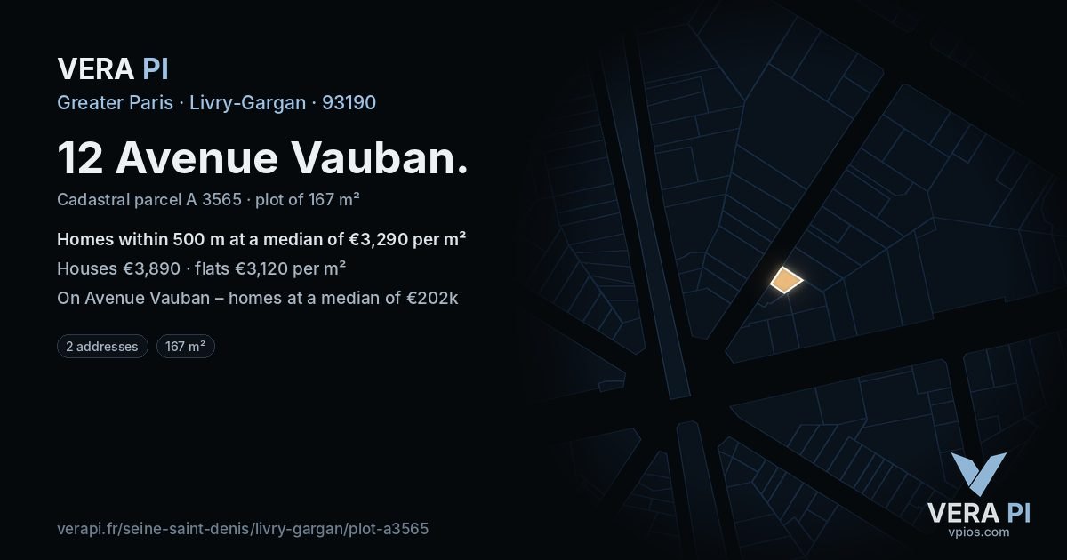 12 Avenue Vauban, Livry-Gargan at night – the plot lit, the parcels around coloured by the prices near them
