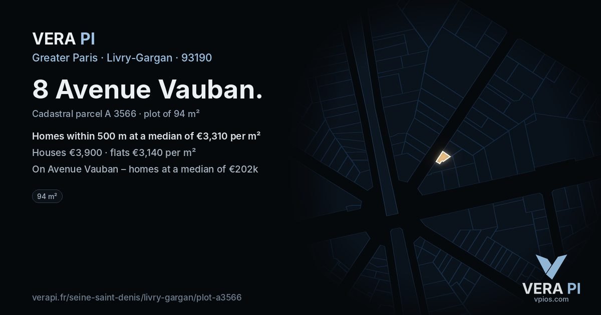 8 Avenue Vauban, Livry-Gargan at night – the plot lit, the parcels around coloured by the prices near them