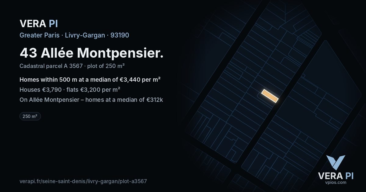 43 Allée Montpensier, Livry-Gargan at night – the plot lit, the parcels around coloured by the prices near them