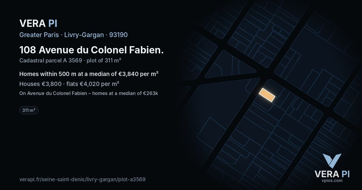108 Avenue du Colonel Fabien, Livry-Gargan at night – the plot lit, the parcels around coloured by the prices near them