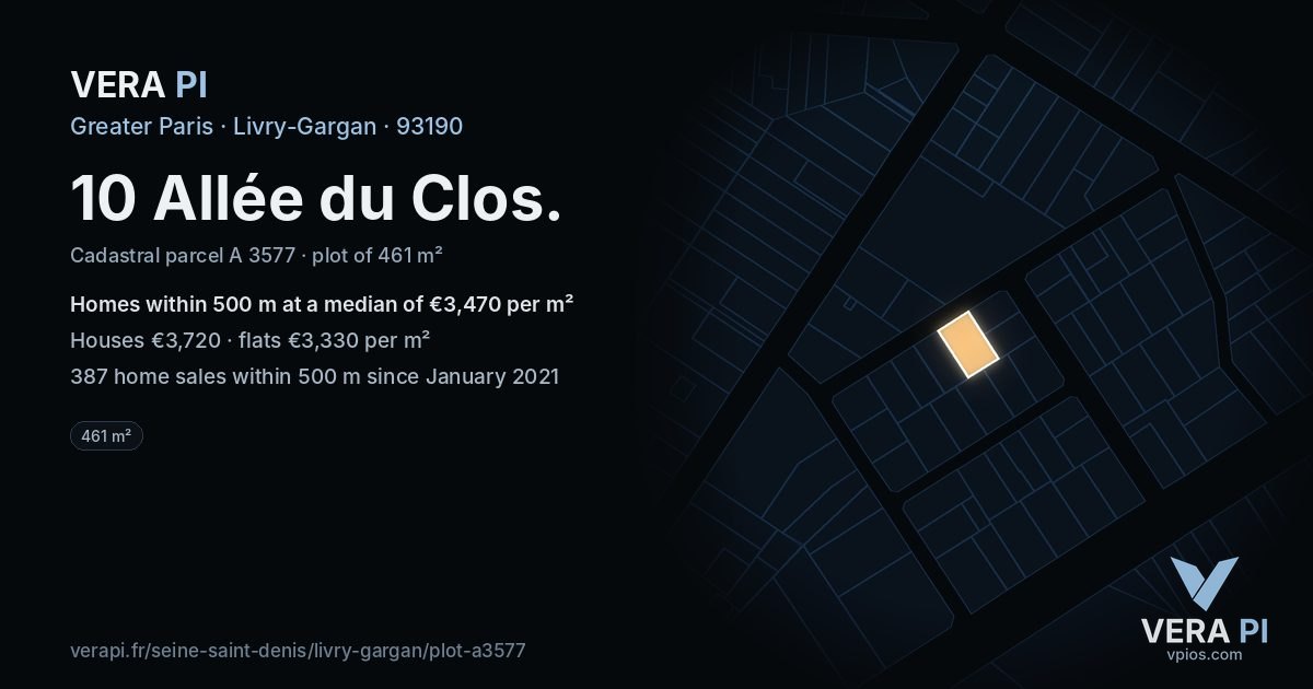 10 Allée du Clos, Livry-Gargan at night – the plot lit, the parcels around coloured by the prices near them