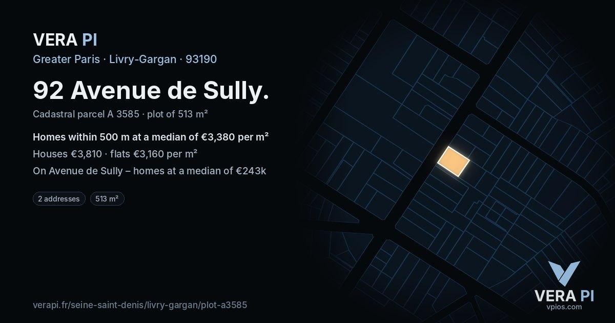 92 Avenue de Sully, Livry-Gargan at night – the plot lit, the parcels around coloured by the prices near them