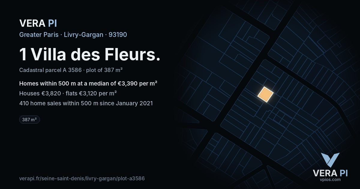 1 Villa des Fleurs, Livry-Gargan at night – the plot lit, the parcels around coloured by the prices near them
