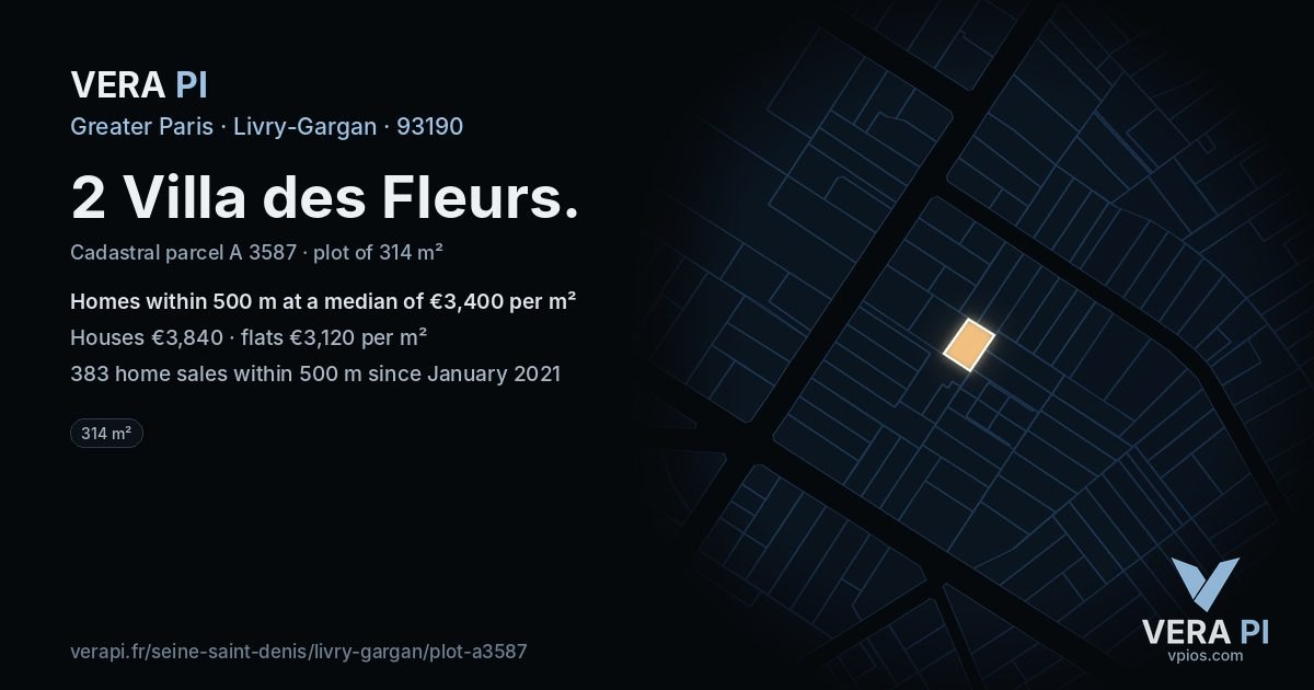 2 Villa des Fleurs, Livry-Gargan at night – the plot lit, the parcels around coloured by the prices near them