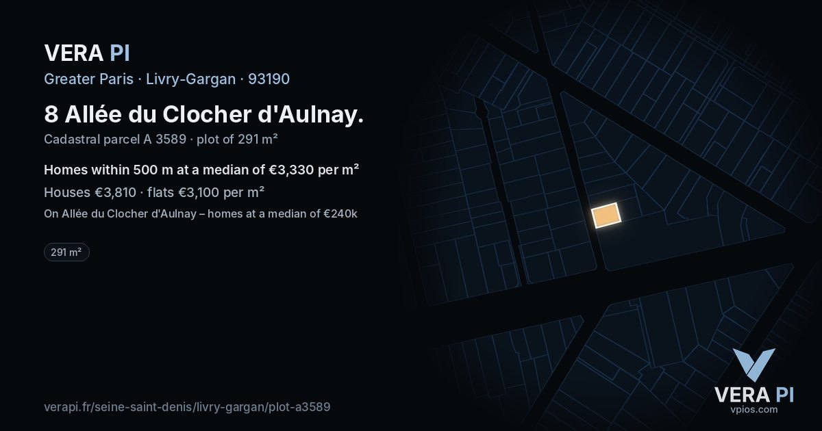 8 Allée du Clocher d'Aulnay, Livry-Gargan at night – the plot lit, the parcels around coloured by the prices near them
