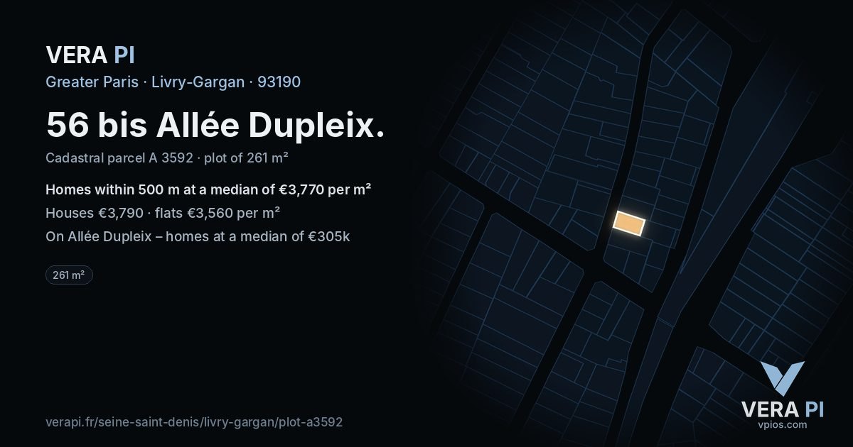 56 bis Allée Dupleix, Livry-Gargan at night – the plot lit, the parcels around coloured by the prices near them
